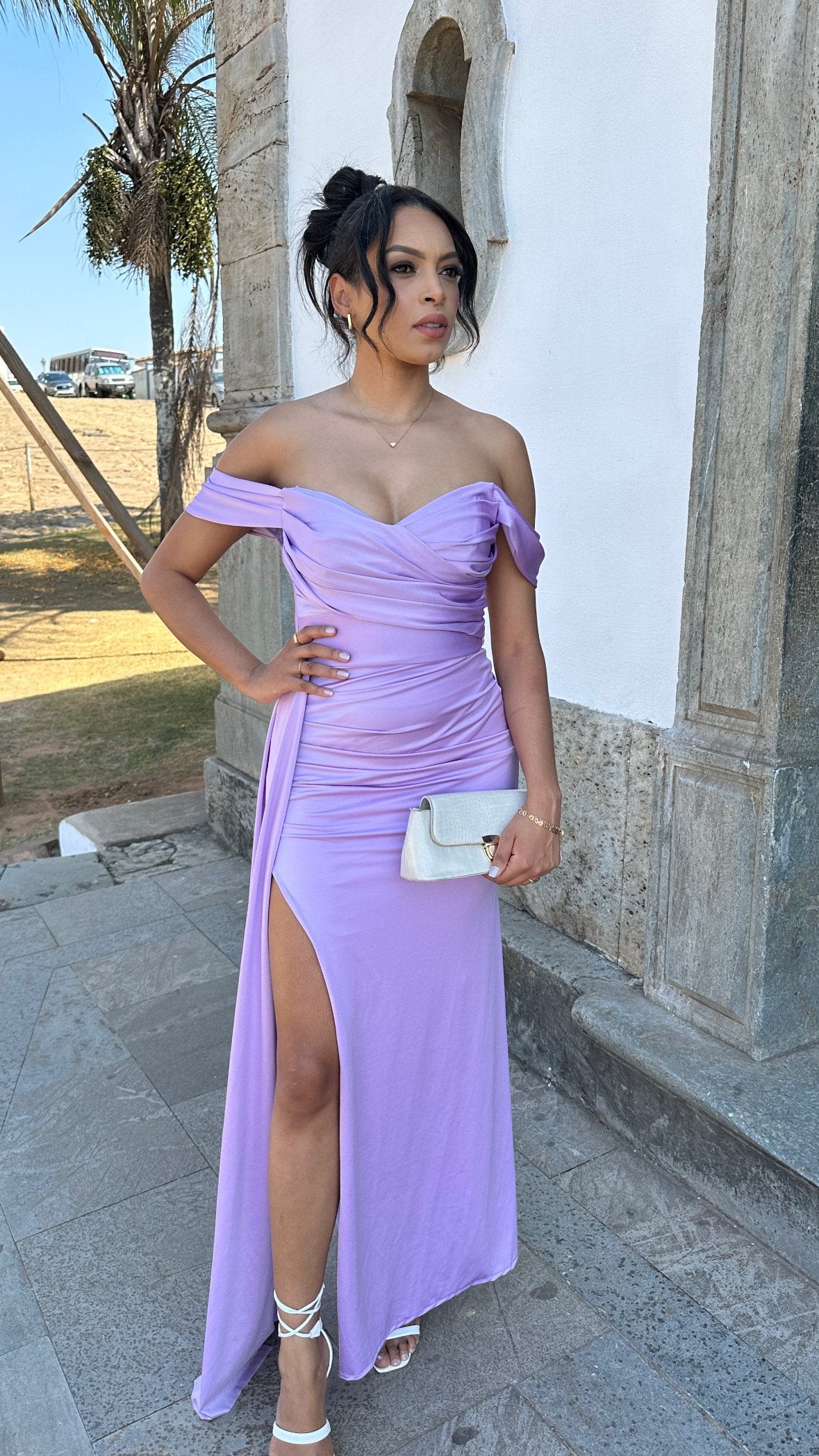 Vestido Longo lilás lavanda Prada Acetinado Ombro a Ombro LIVIA