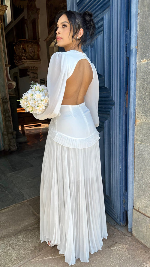 Vestido longo branco abertura lateral casamento civil noivado pré wedding Laís