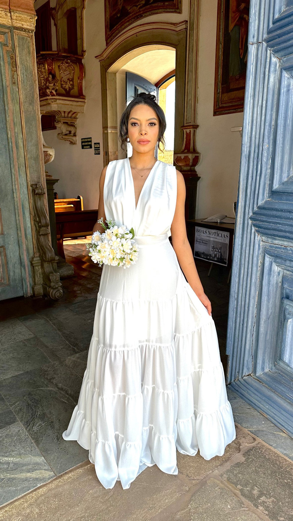 Vestido longo branco casamento civil noivado pré wedding Diana