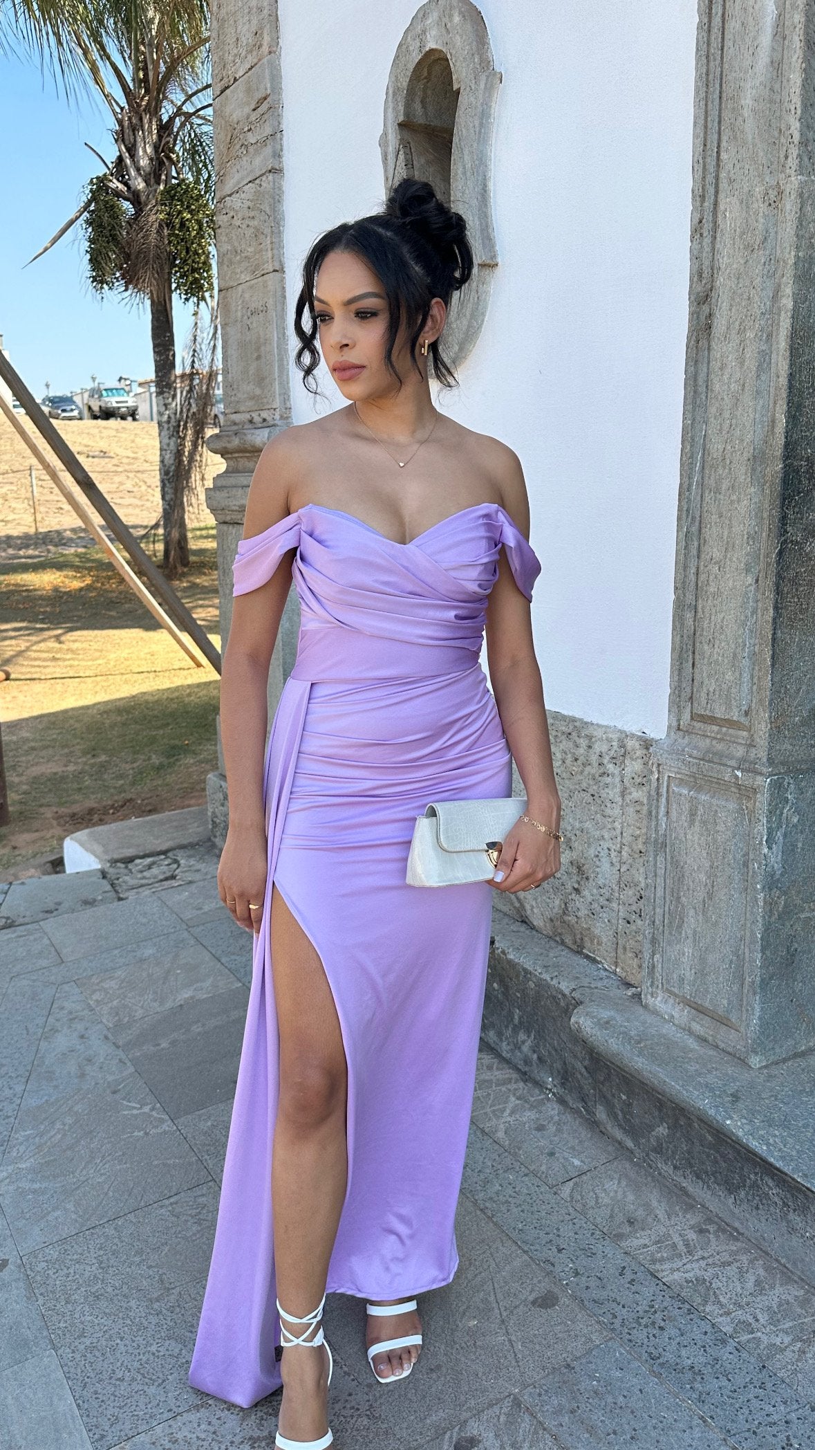 Vestido Longo lilás lavanda Prada Acetinado Ombro a Ombro LIVIA