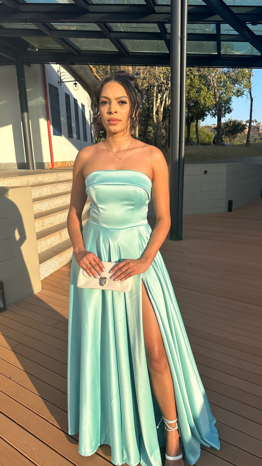Vestido longo madrinha de casamento verde tiffany zibeline premium