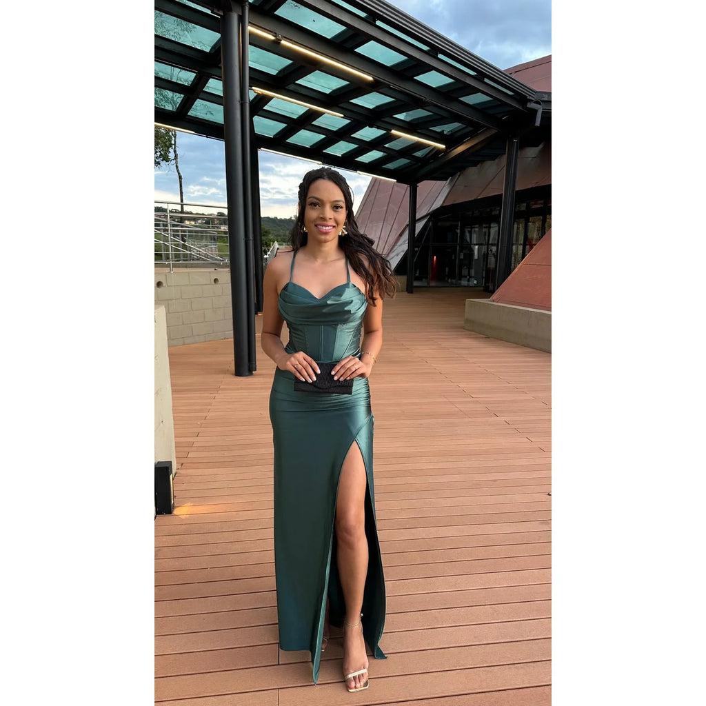 Vestido Longo Verde Esmeralda Prada Corset Acetinado Alças Finas Julia