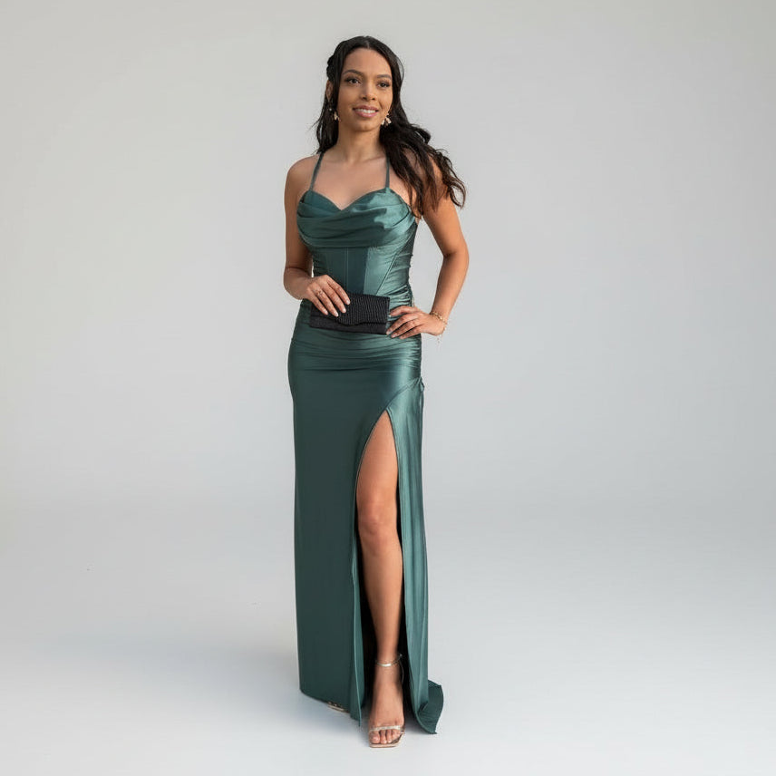 Vestido Longo Verde Esmeralda Prada Corset Acetinado Alças Finas Julia