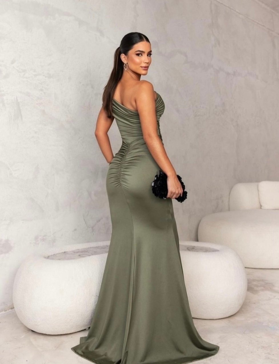 Vestido Longo verde oliva Prada Acetinado Mônica