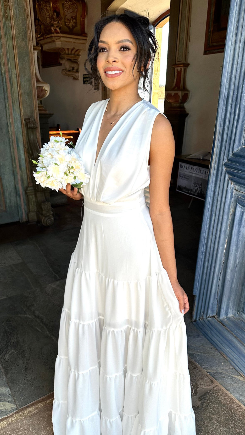 Vestido longo branco casamento civil noivado pré wedding Diana