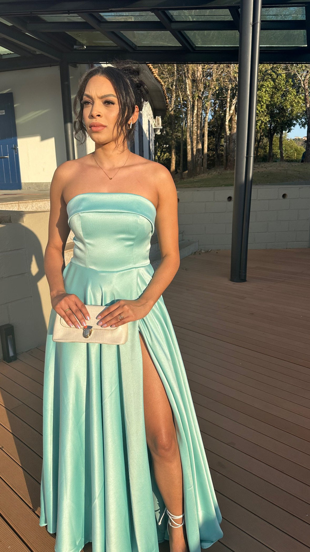 Vestido longo madrinha de casamento verde tiffany zibeline premium