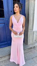 Vestido longo nozinho decote V rosa claro