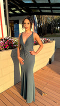 Vestido longo nozinho decote V Verde esmeralda