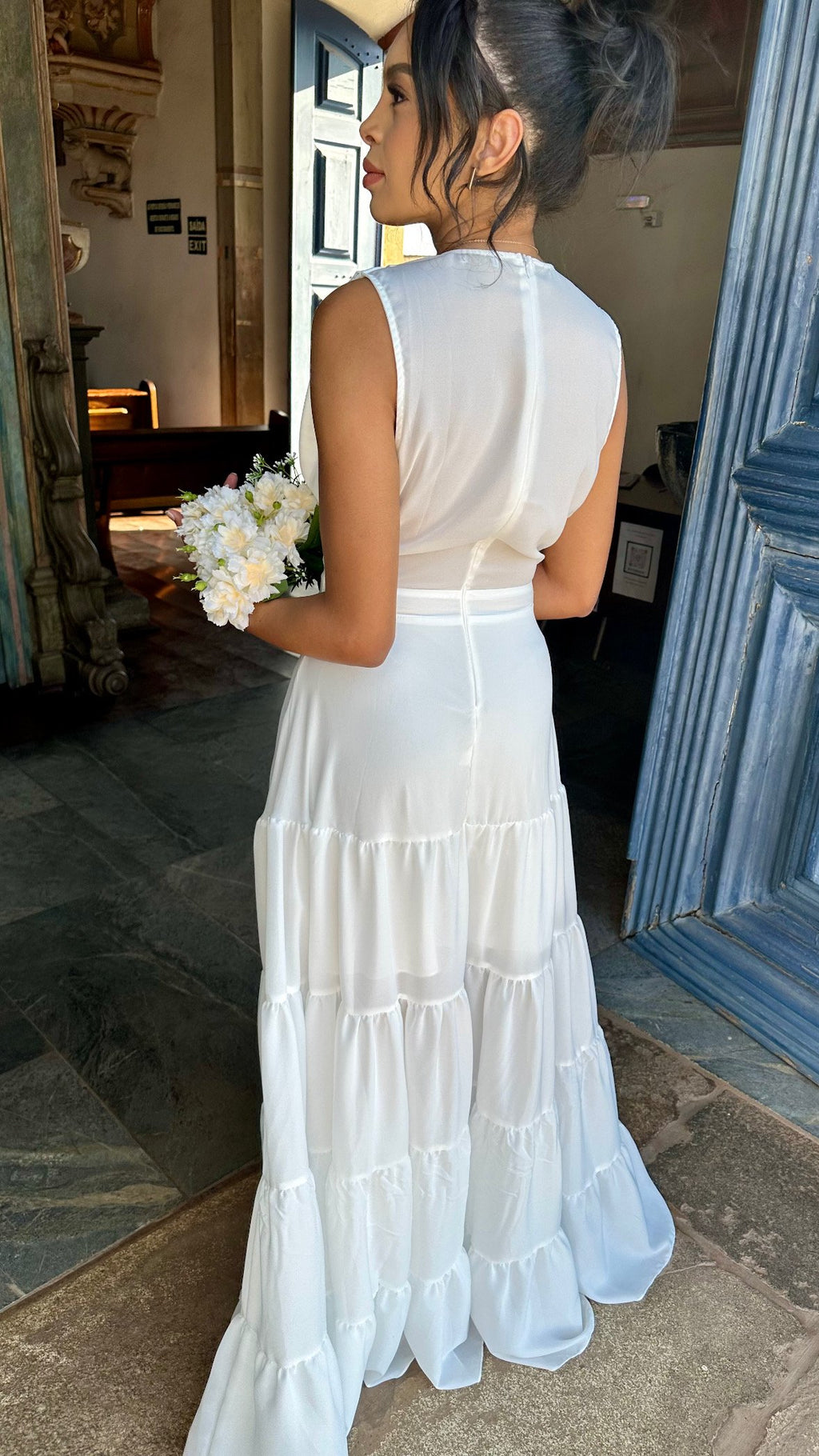 Vestido longo branco casamento civil noivado pré wedding Diana
