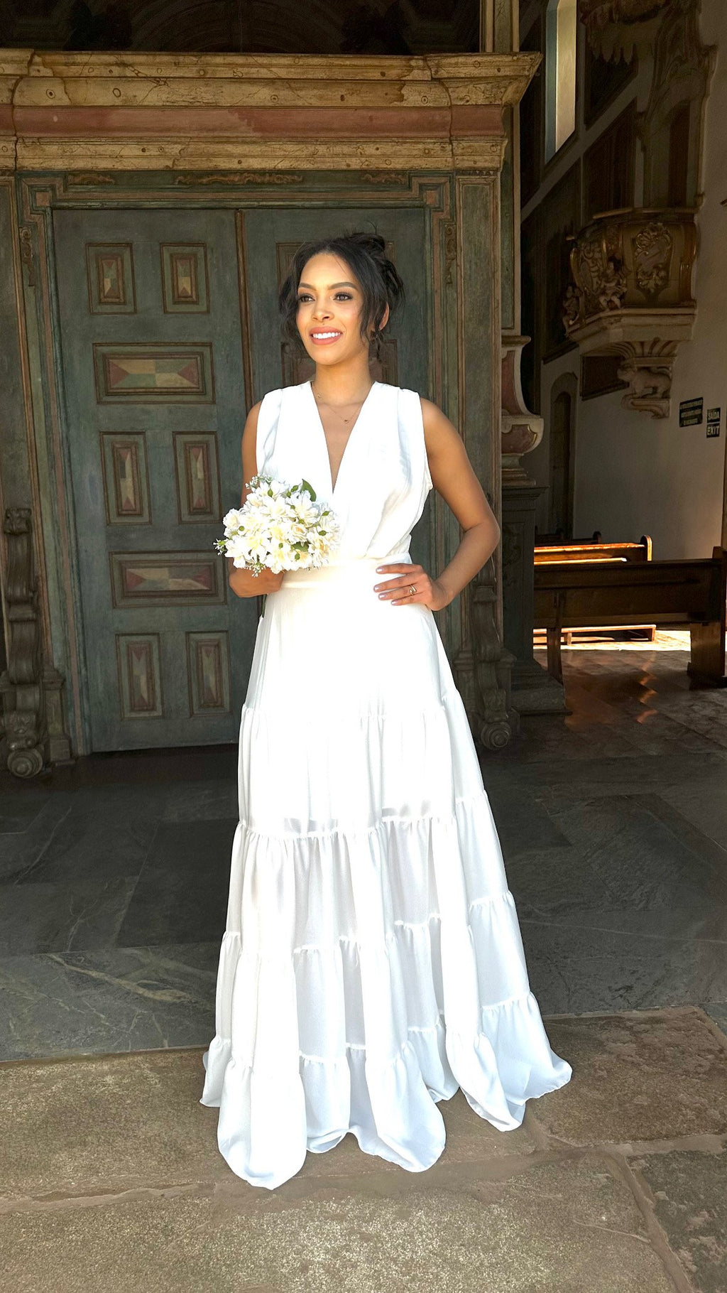 Vestido longo branco casamento civil noivado pré wedding Diana