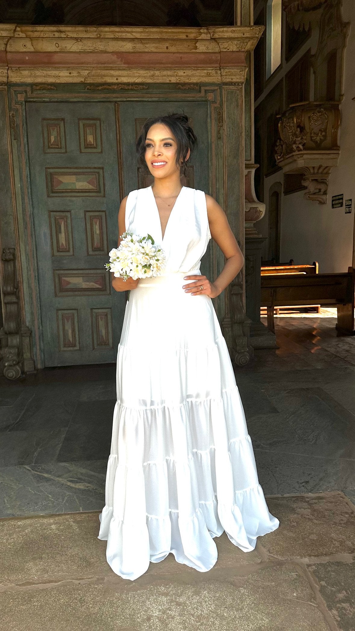Vestido longo branco casamento civil noivado pré wedding Diana