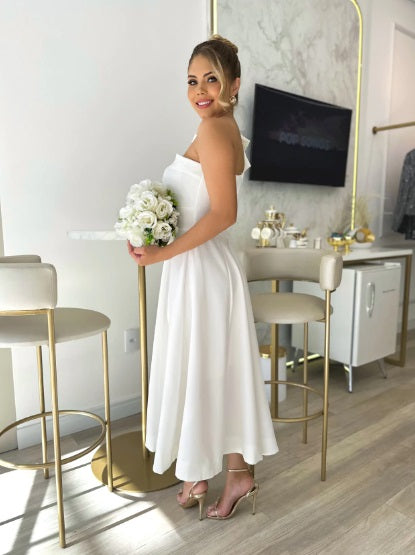 Vestido Midi Off-White Ombro Só Com Laço
