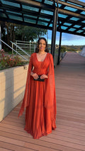 Vestido longo Tule com Capas Laterais Terracota