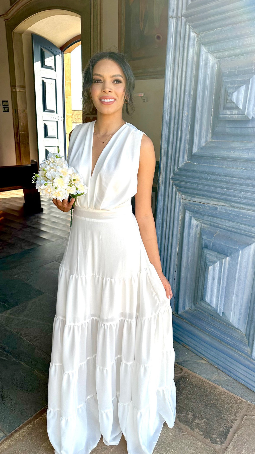 Vestido longo branco casamento civil noivado pré wedding Diana