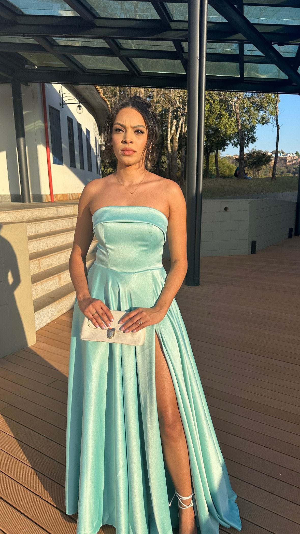 Vestido longo madrinha de casamento verde tiffany zibeline premium
