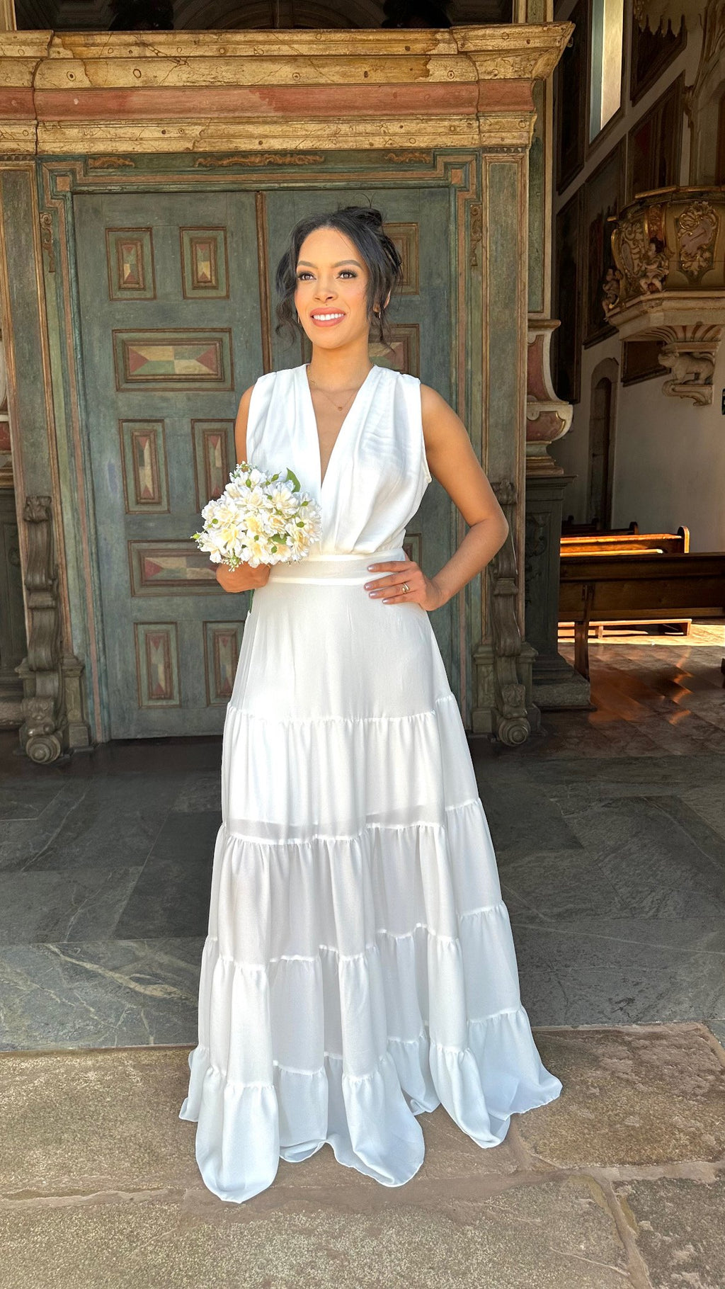 Vestido longo branco casamento civil noivado pré wedding Diana