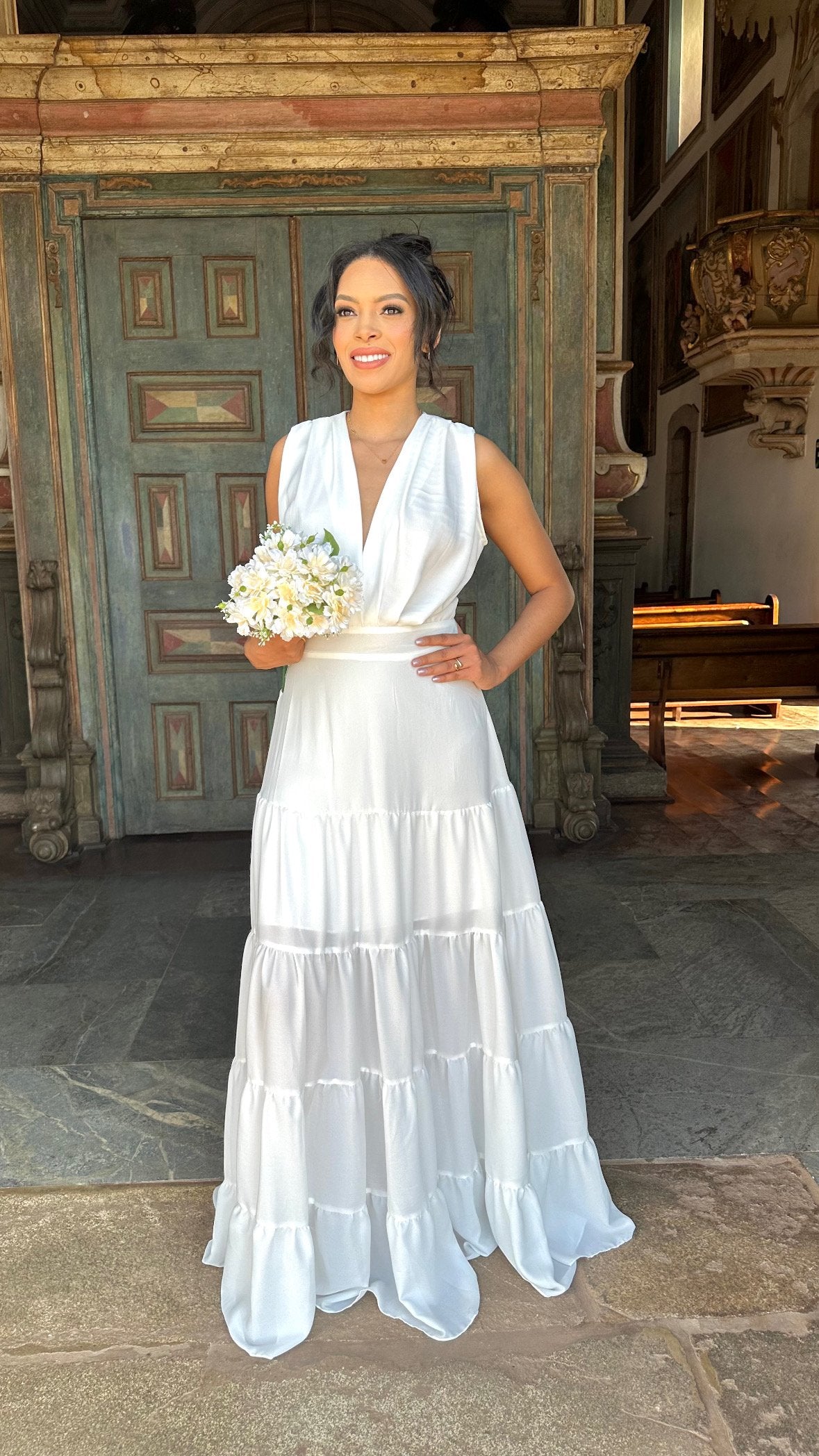 Vestido longo branco casamento civil noivado pré wedding Diana