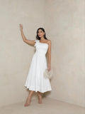 Vestido Midi Off-White Ombro Só Com Laço