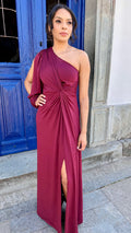 Vestido longo marsala vinho bordô fluit uma manga nula Joana