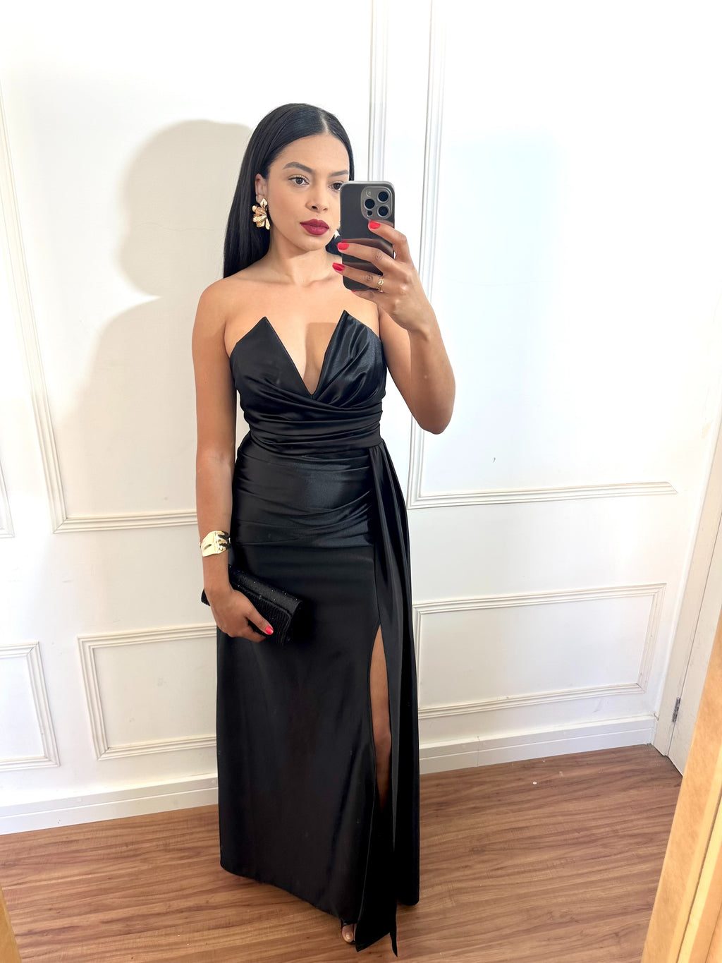 Vestido Longo Preto Prada Acetinado Corset decote profundo