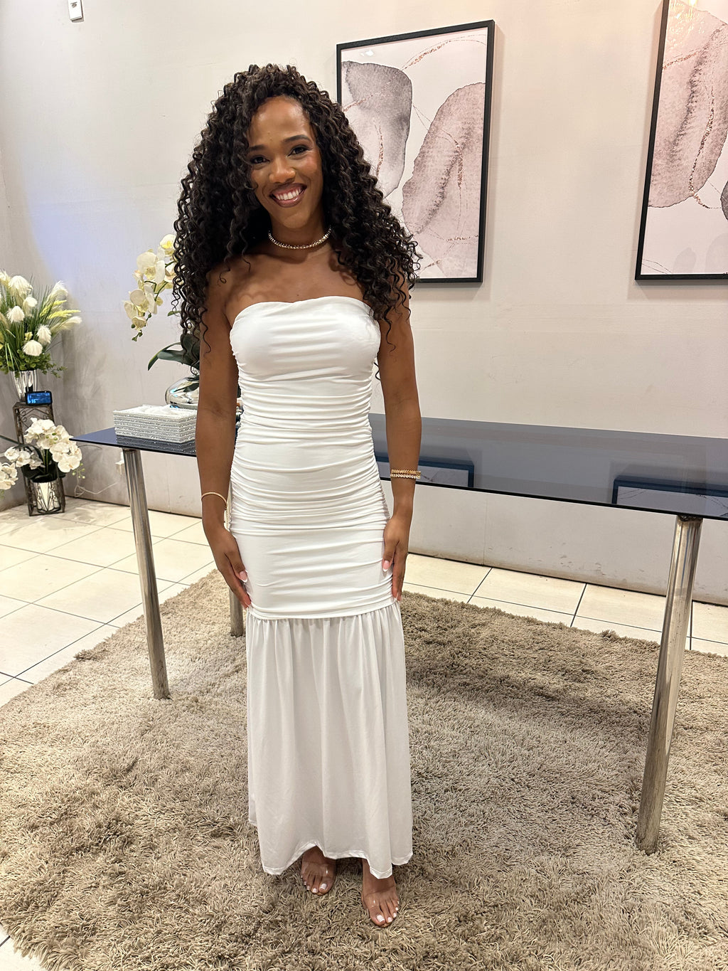 Vestido midi branco tomara que caia casamento civil noivado pré wedding Julie