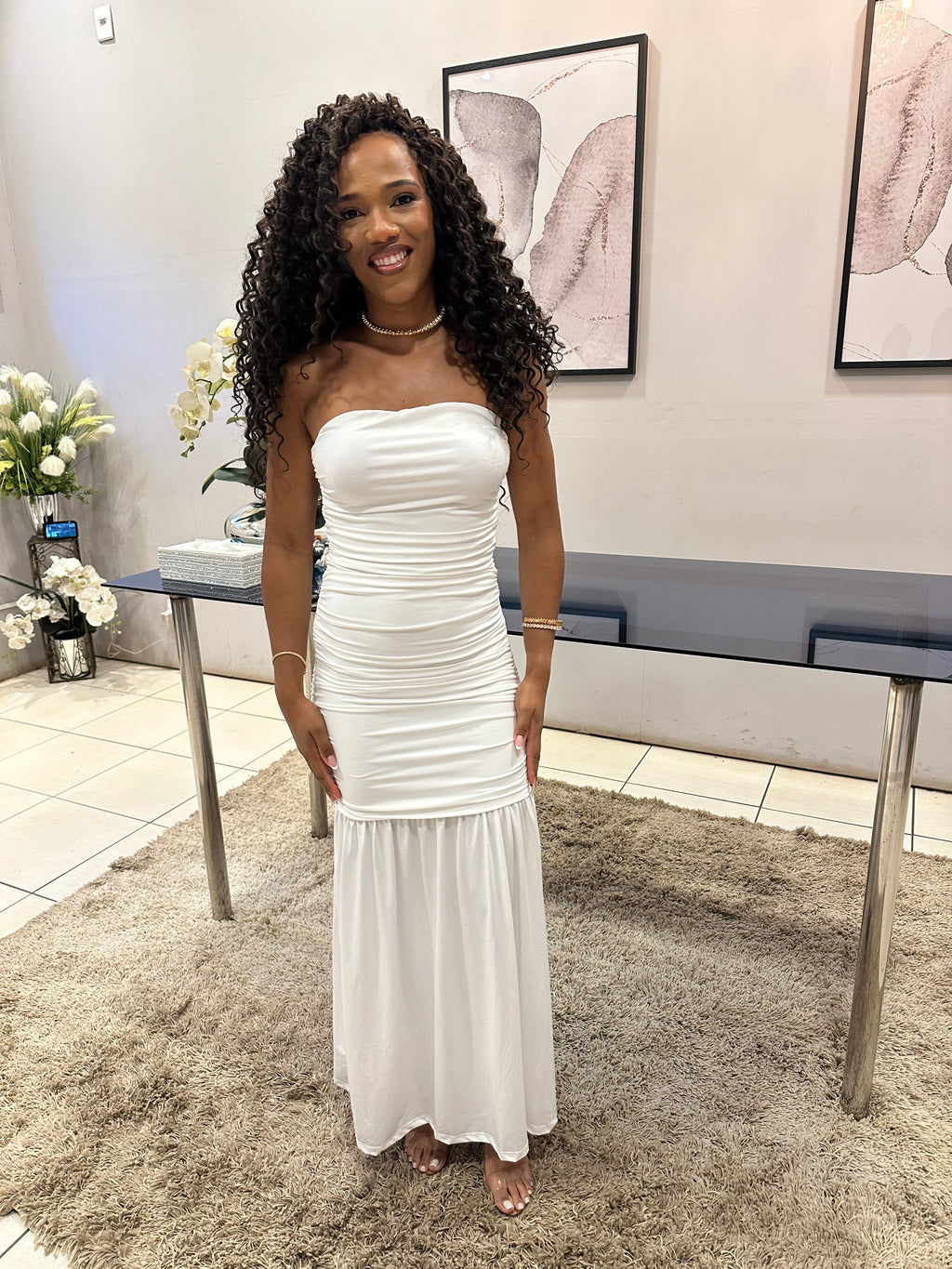 Vestido midi branco tomara que caia casamento civil noivado pré wedding Julie