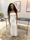 Vestido midi branco tomara que caia casamento civil noivado pré wedding Julie