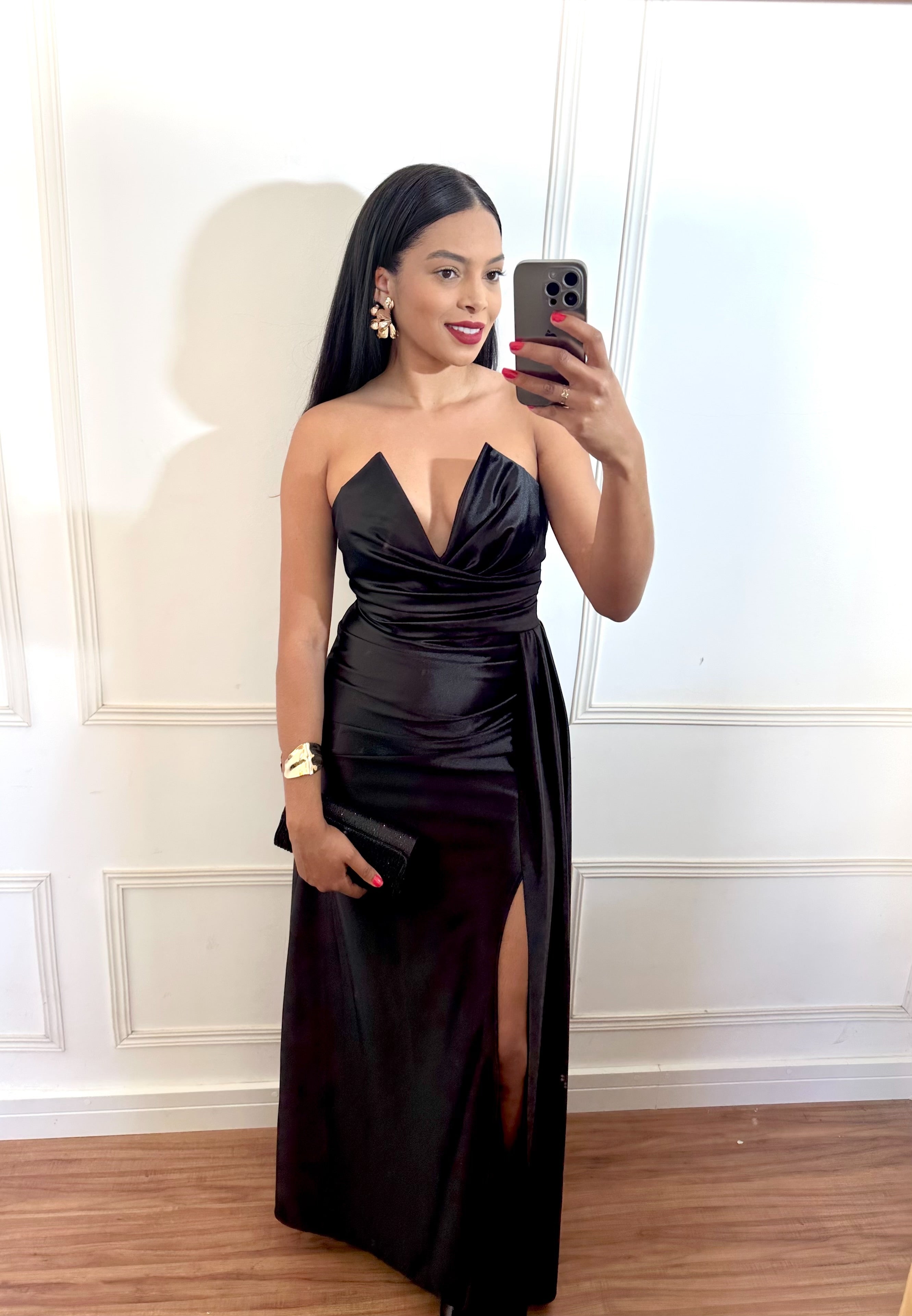 Vestido Longo Preto Prada Acetinado Corset decote profundo