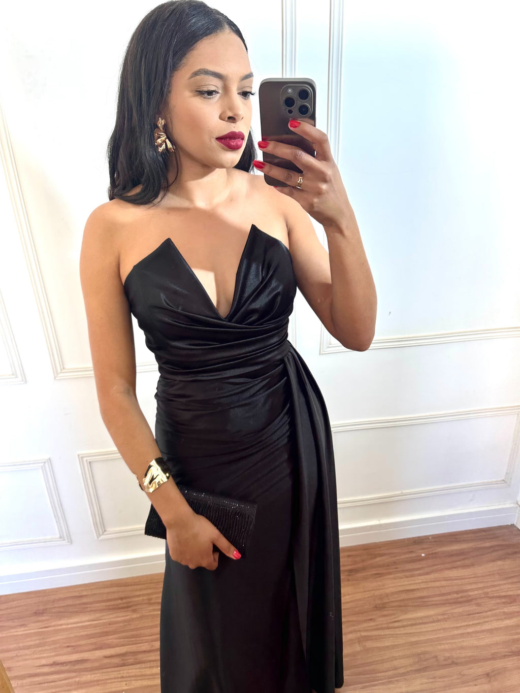Vestido Longo Preto Prada Acetinado Corset decote profundo