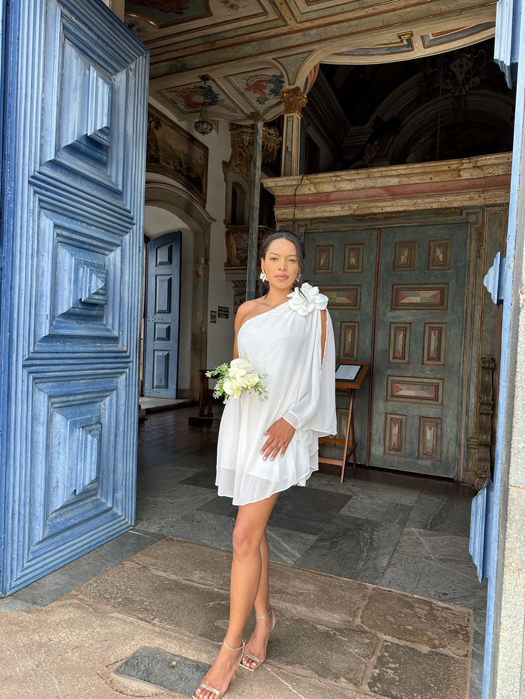 Vestido midi branco flor casamento civil noivado pré wedding Leticia