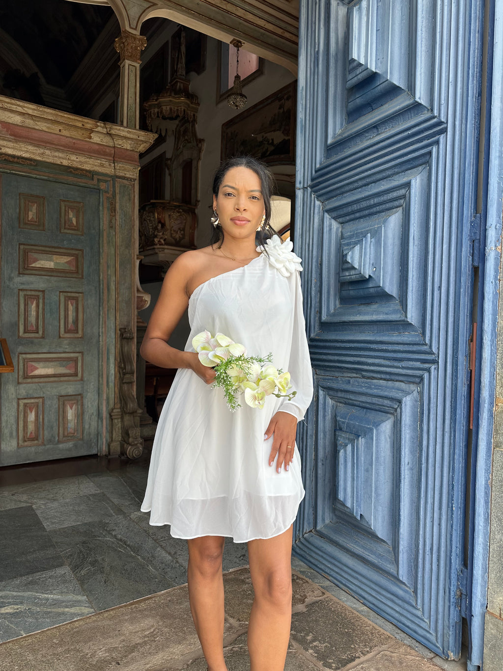Vestido midi branco flor casamento civil noivado pré wedding Leticia