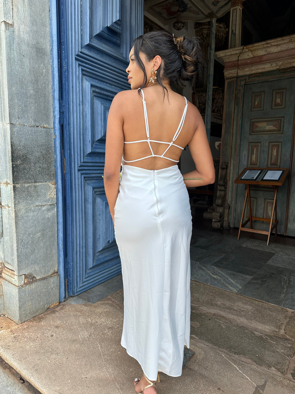 Vestido midi branco Laço casamento civil noivado pre wedding Jacque