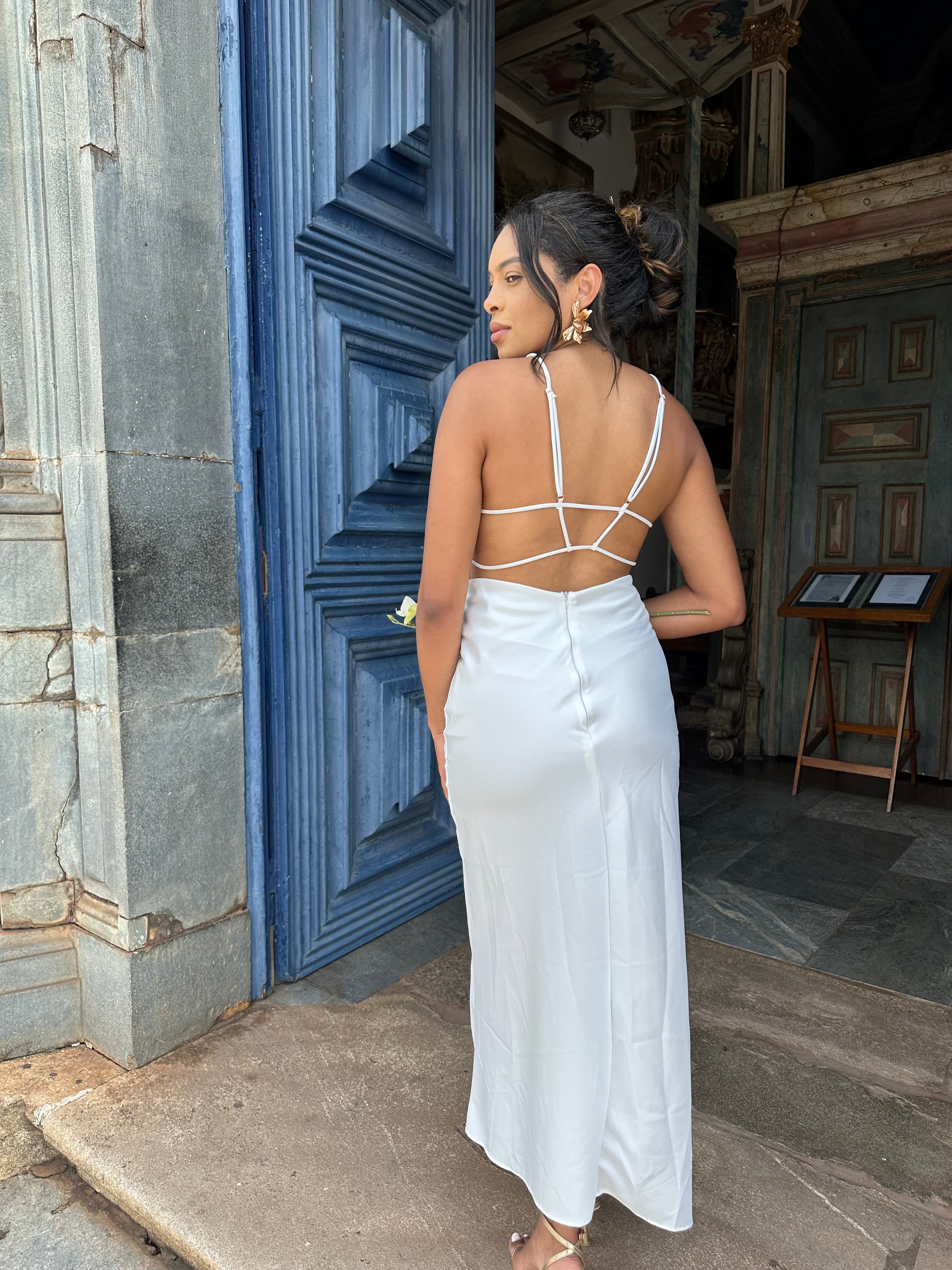 Vestido midi branco Laço casamento civil noivado pre wedding Jacque