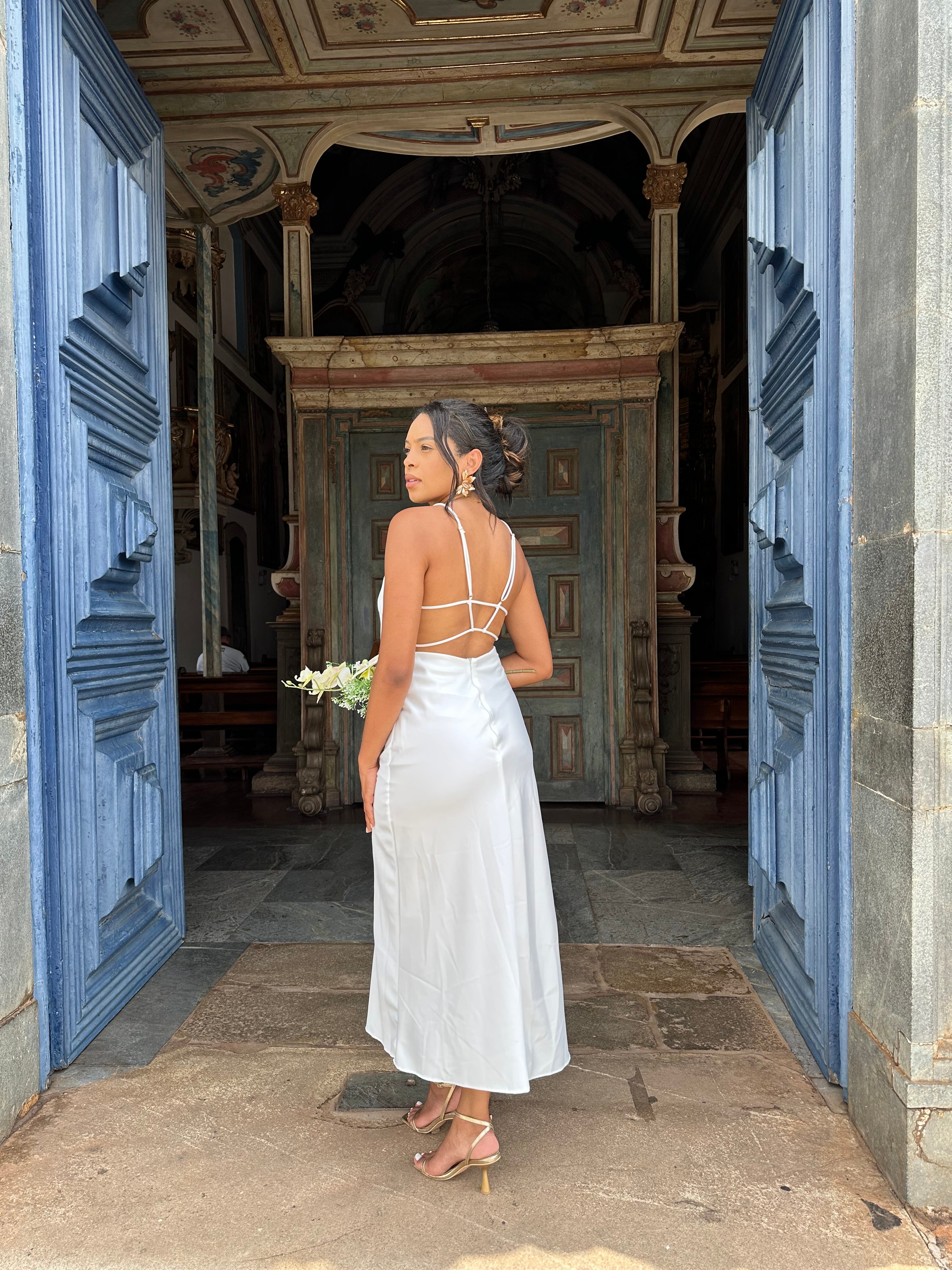 Vestido midi branco Laço casamento civil noivado pre wedding Jacque