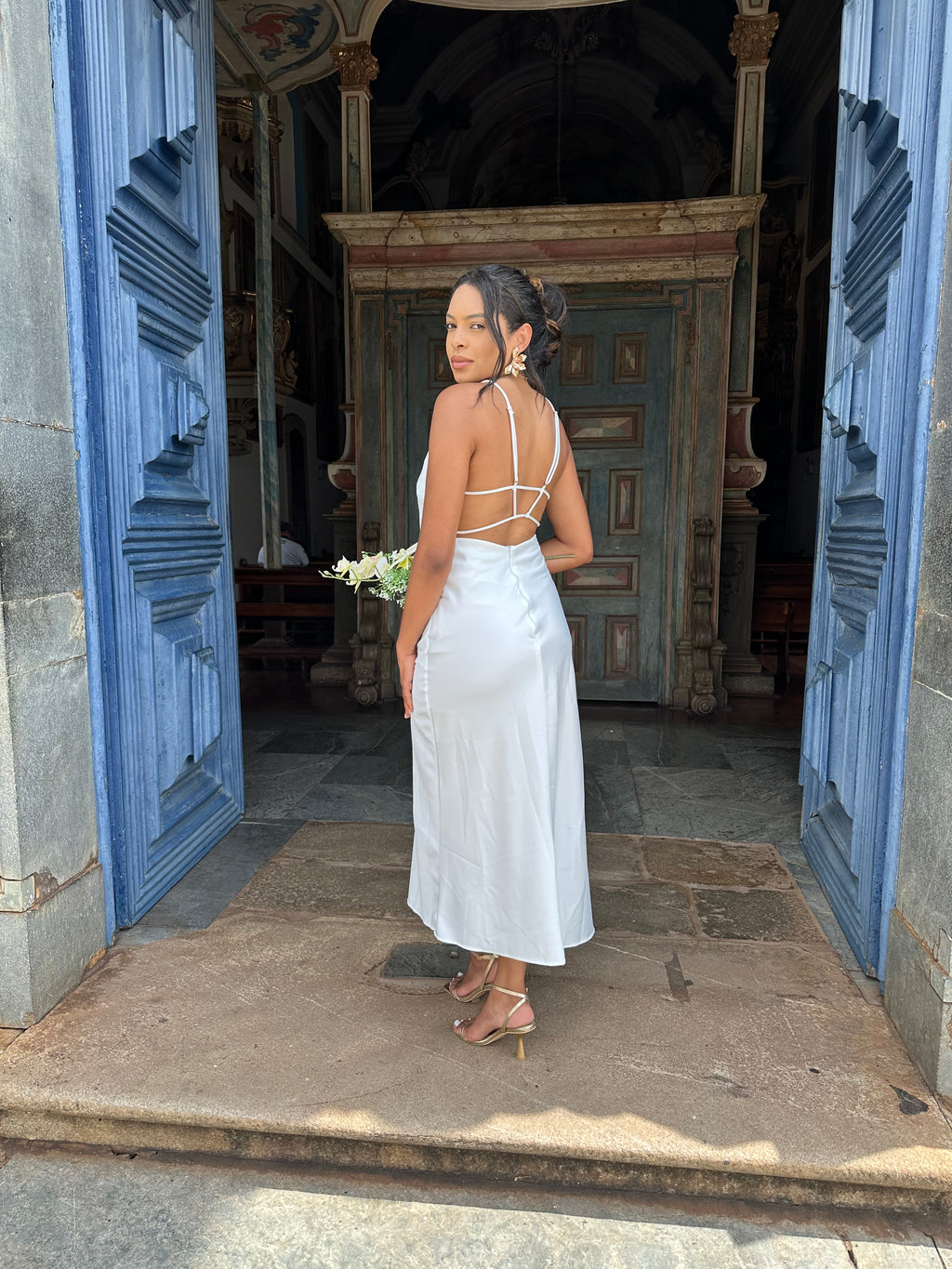 Vestido midi branco Laço casamento civil noivado pre wedding Jacque