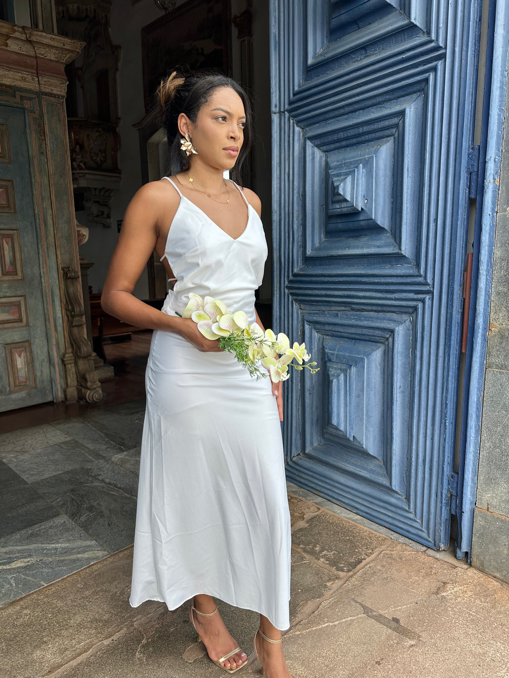 Vestido midi branco Laço casamento civil noivado pre wedding Jacque