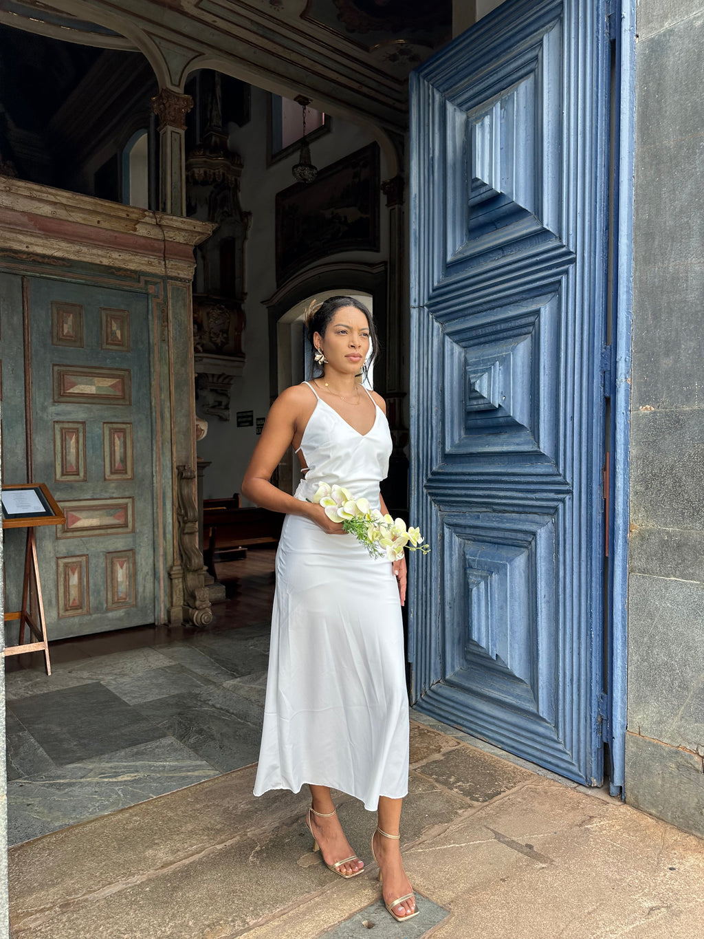 Vestido midi branco Laço casamento civil noivado pre wedding Jacque