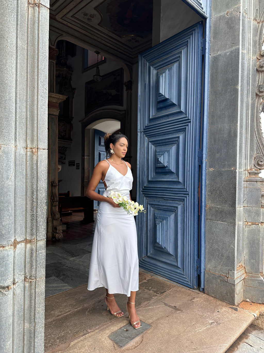 Vestido midi branco Laço casamento civil noivado pre wedding Jacque