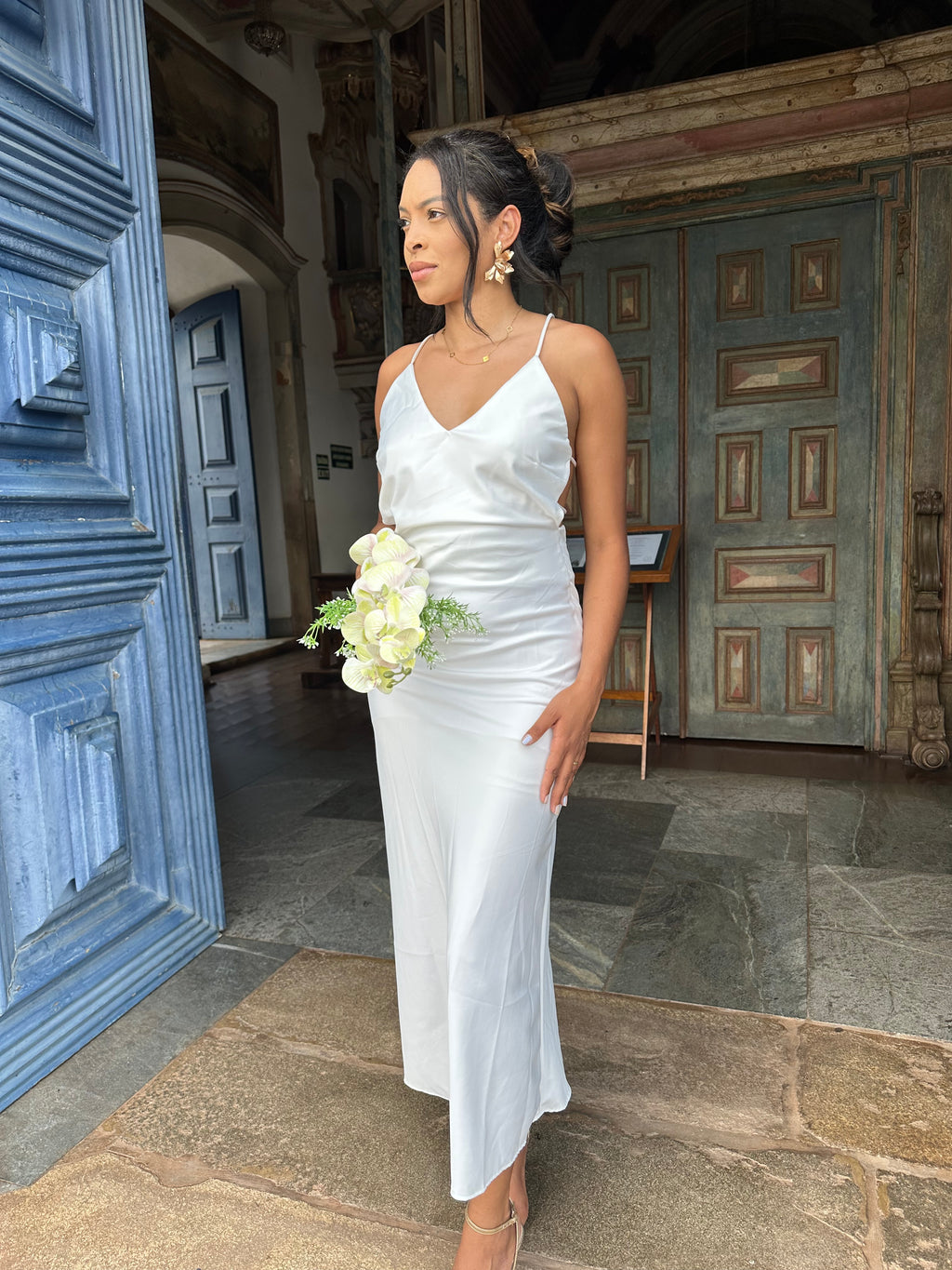 Vestido midi branco Laço casamento civil noivado pre wedding Jacque