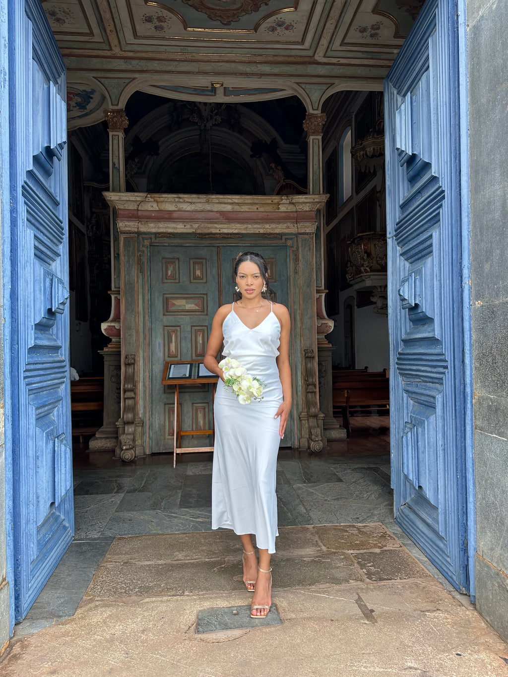 Vestido midi branco Laço casamento civil noivado pre wedding Jacque