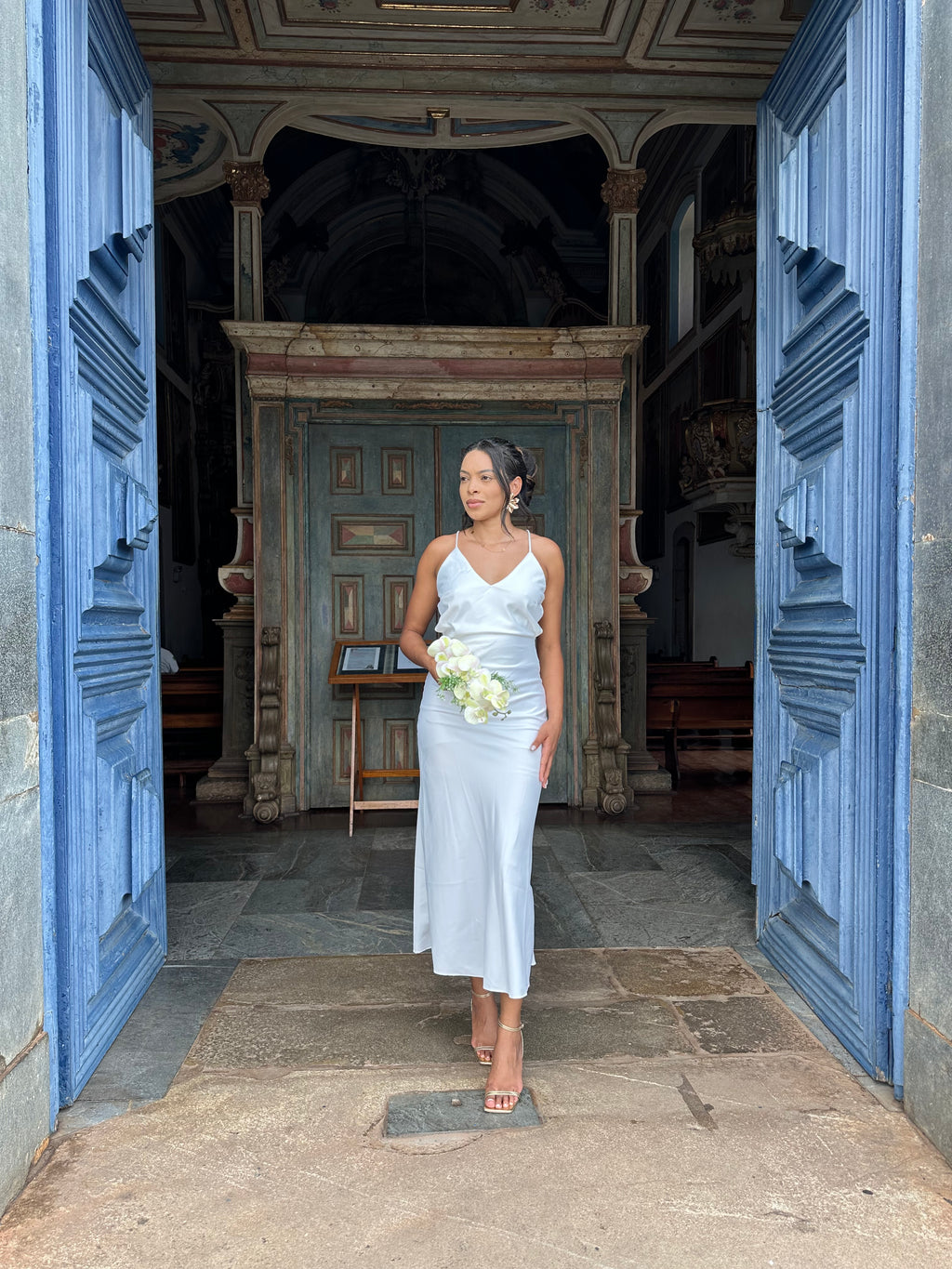 Vestido midi branco Laço casamento civil noivado pre wedding Jacque