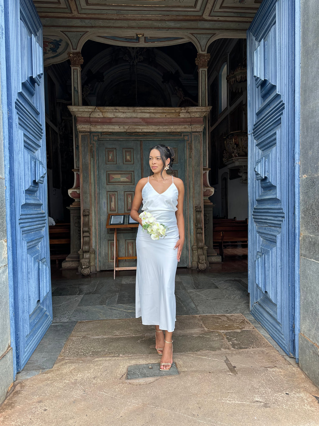 Vestido midi branco Laço casamento civil noivado pre wedding Jacque