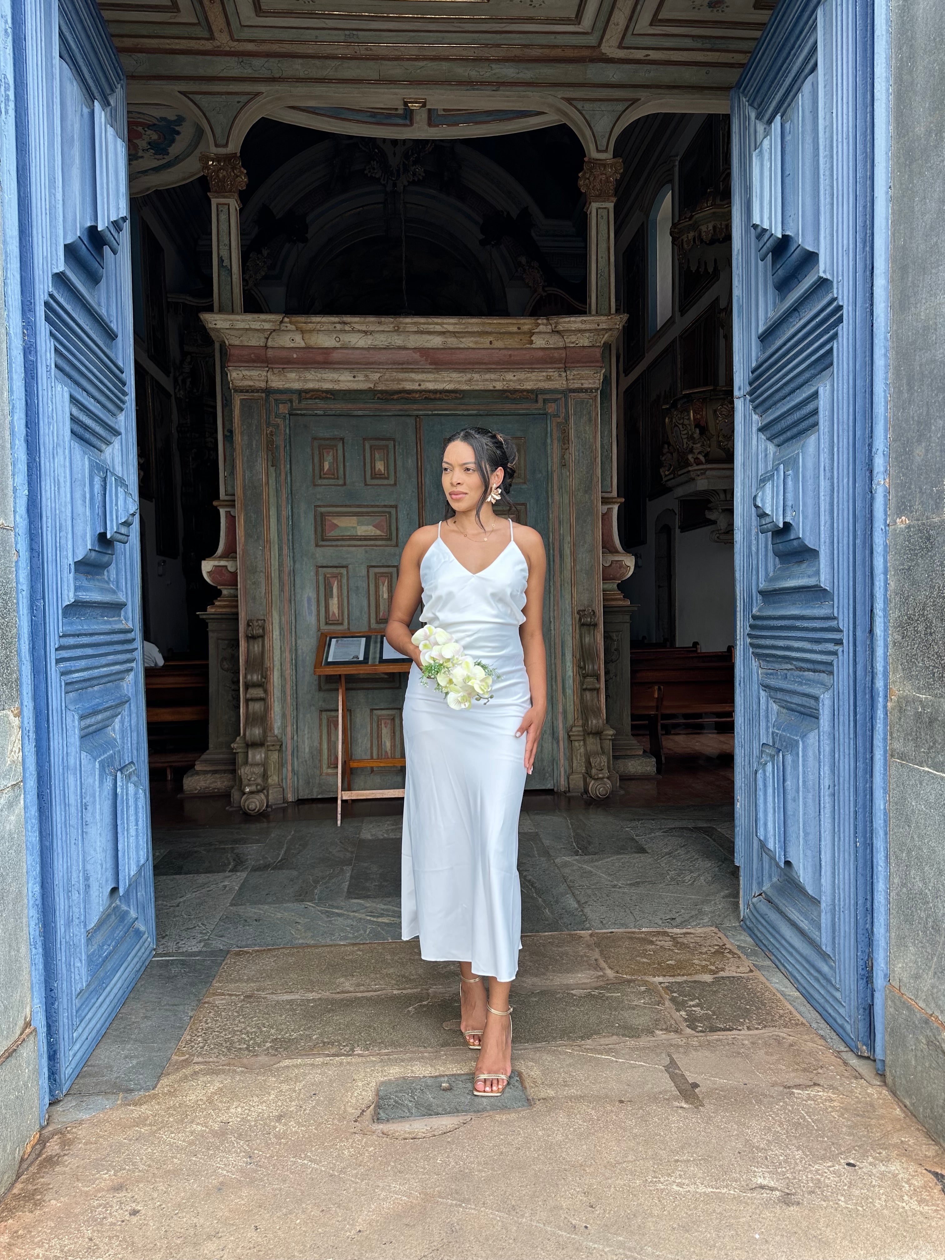 Vestido midi branco Laço casamento civil noivado pre wedding Jacque