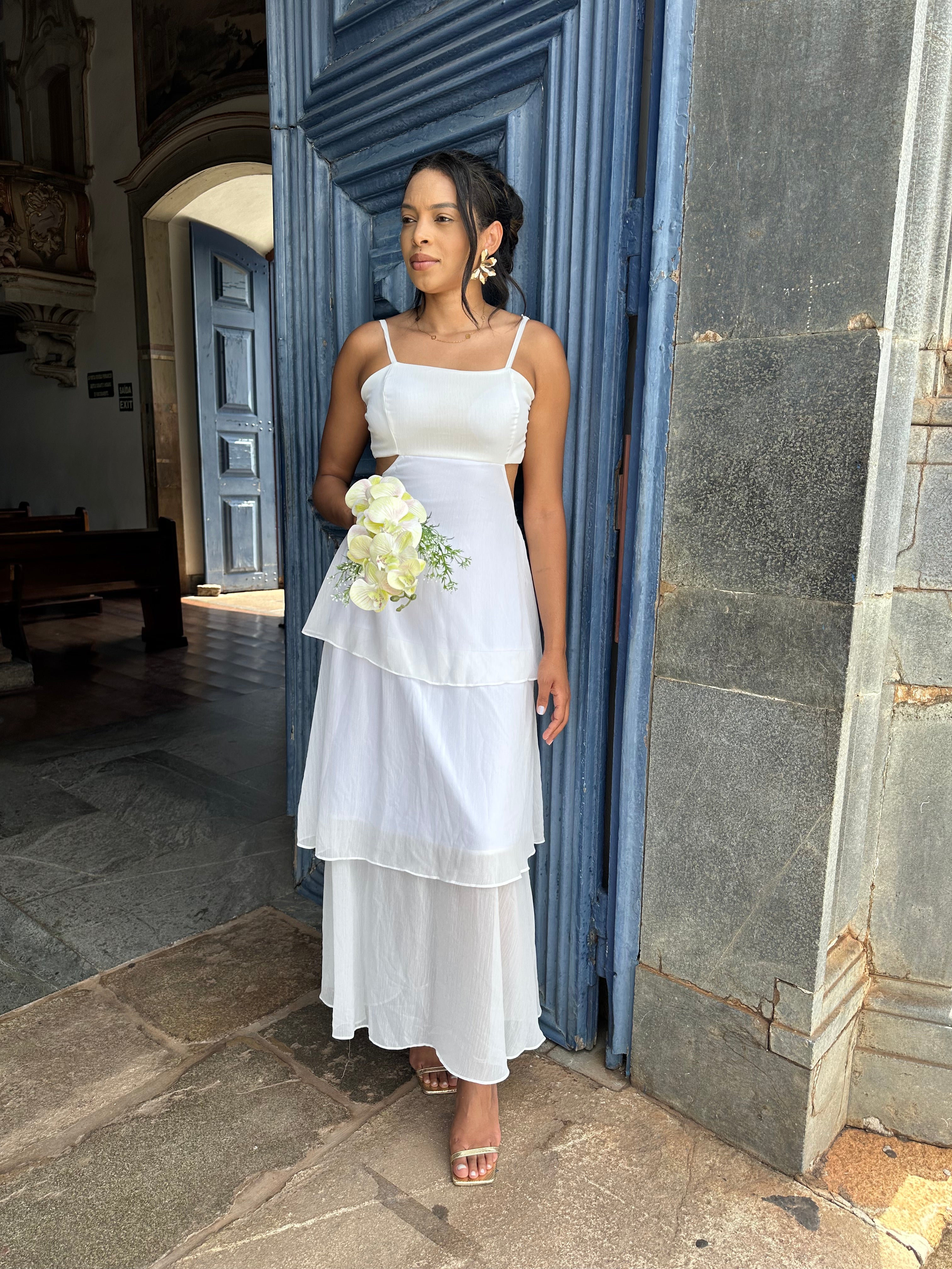 Vestido longo branco casamento civil noivado pre wedding Rafaela