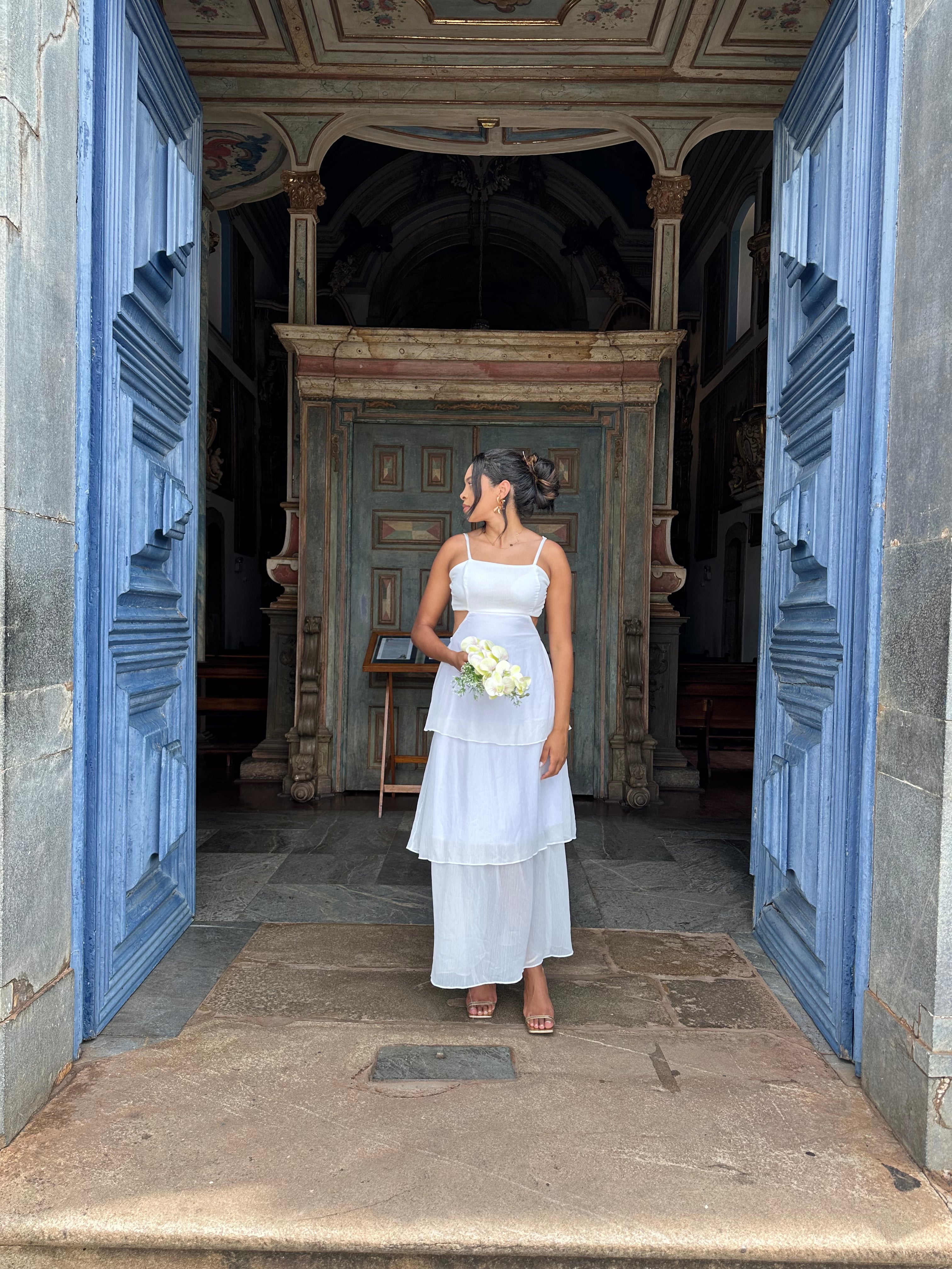 Vestido longo branco casamento civil noivado pre wedding Rafaela