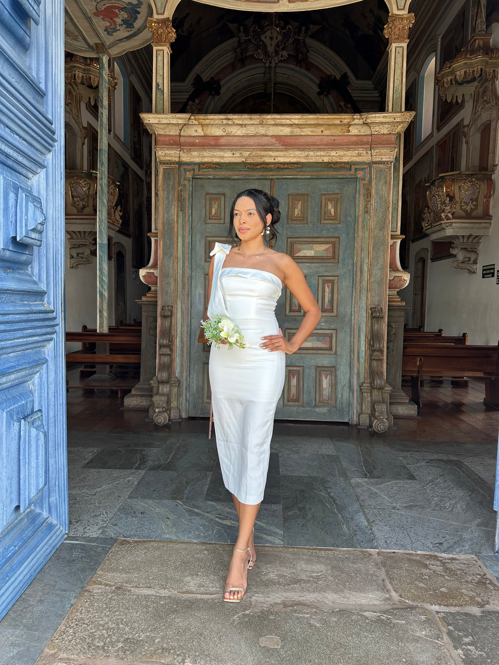 Vestido midi branco Laço casamento civil noivado pre wedding Milena