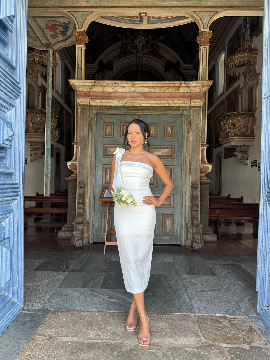 Vestido midi branco Laço casamento civil noivado pre wedding Milena