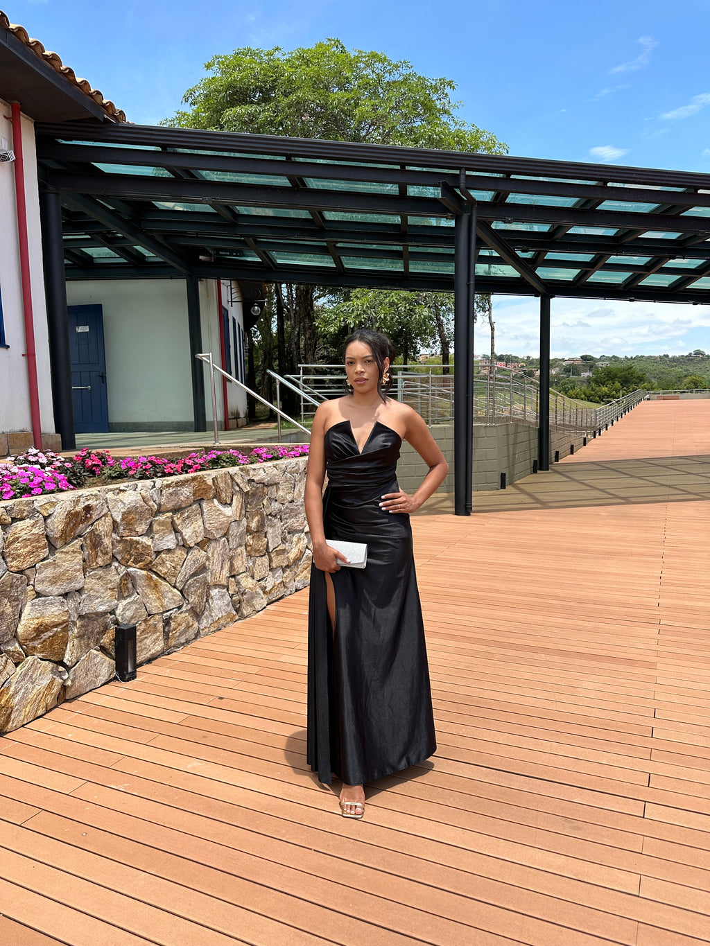 Vestido Longo Preto Prada Acetinado Corset decote profundo