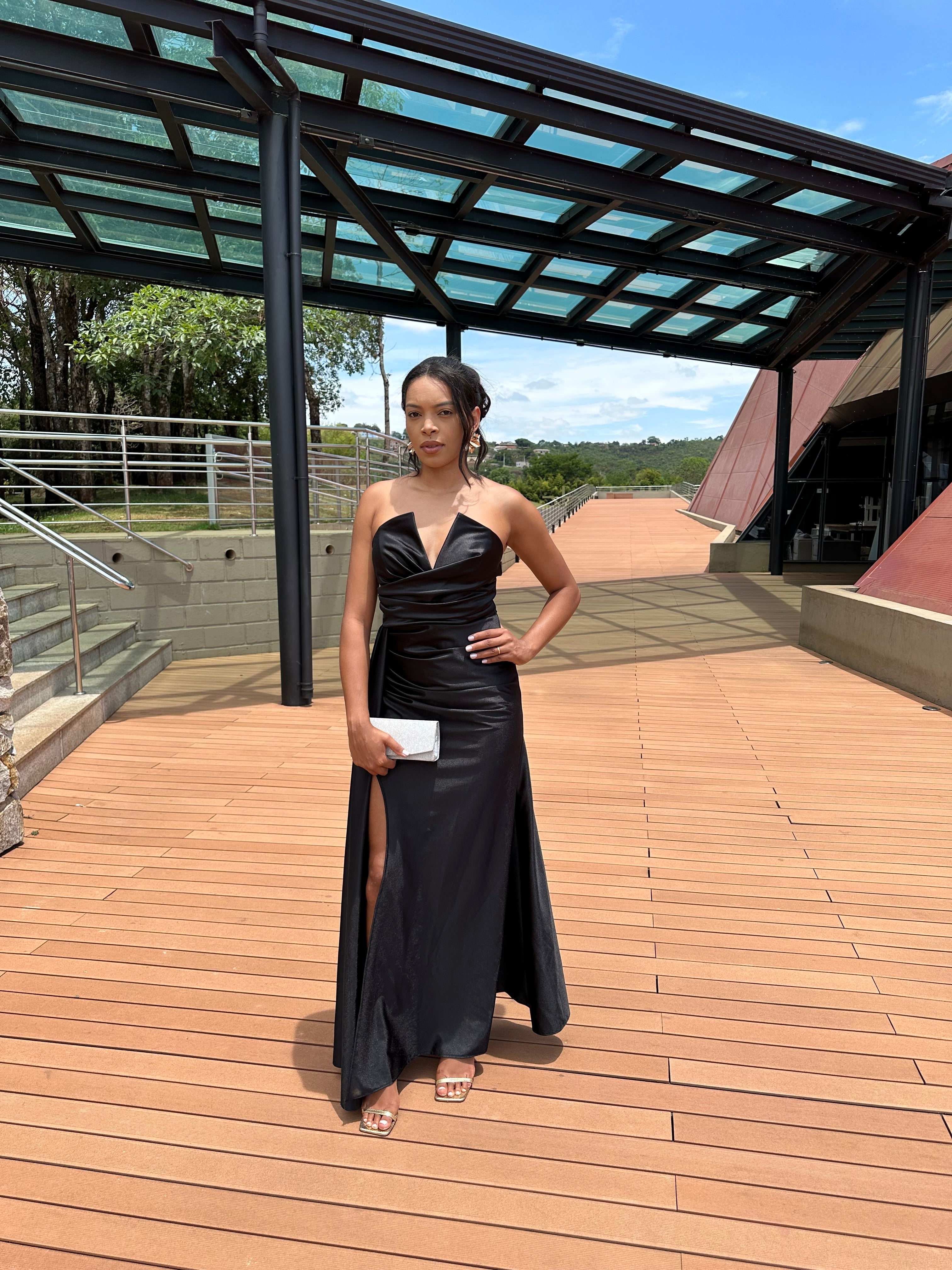 Vestido Longo Preto Prada Acetinado Corset decote profundo