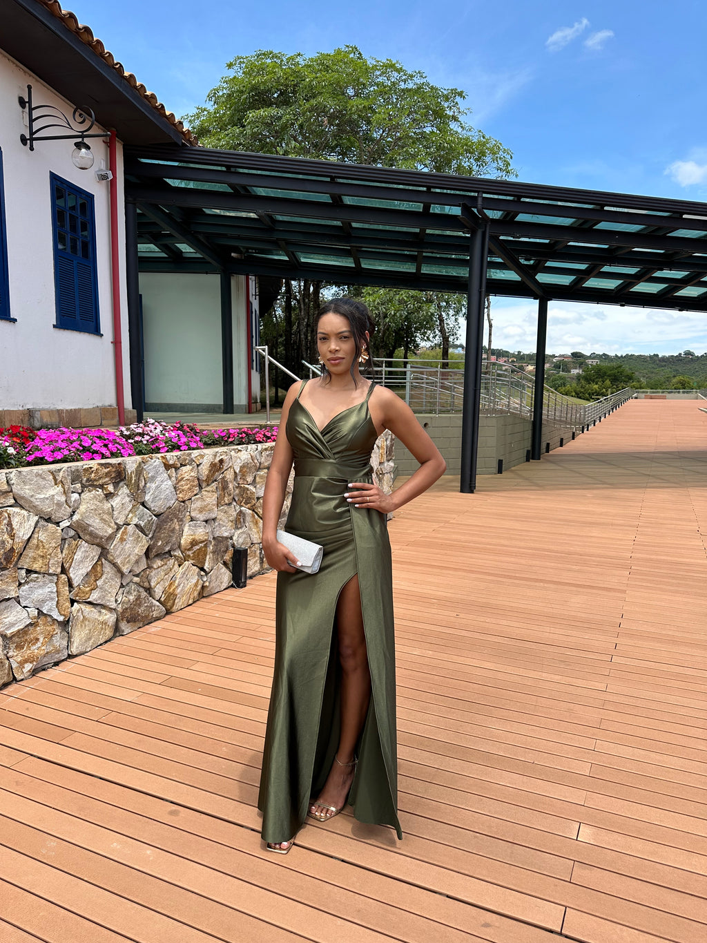 Vestido Longo verde oliva Acetinado Corset decote Joana